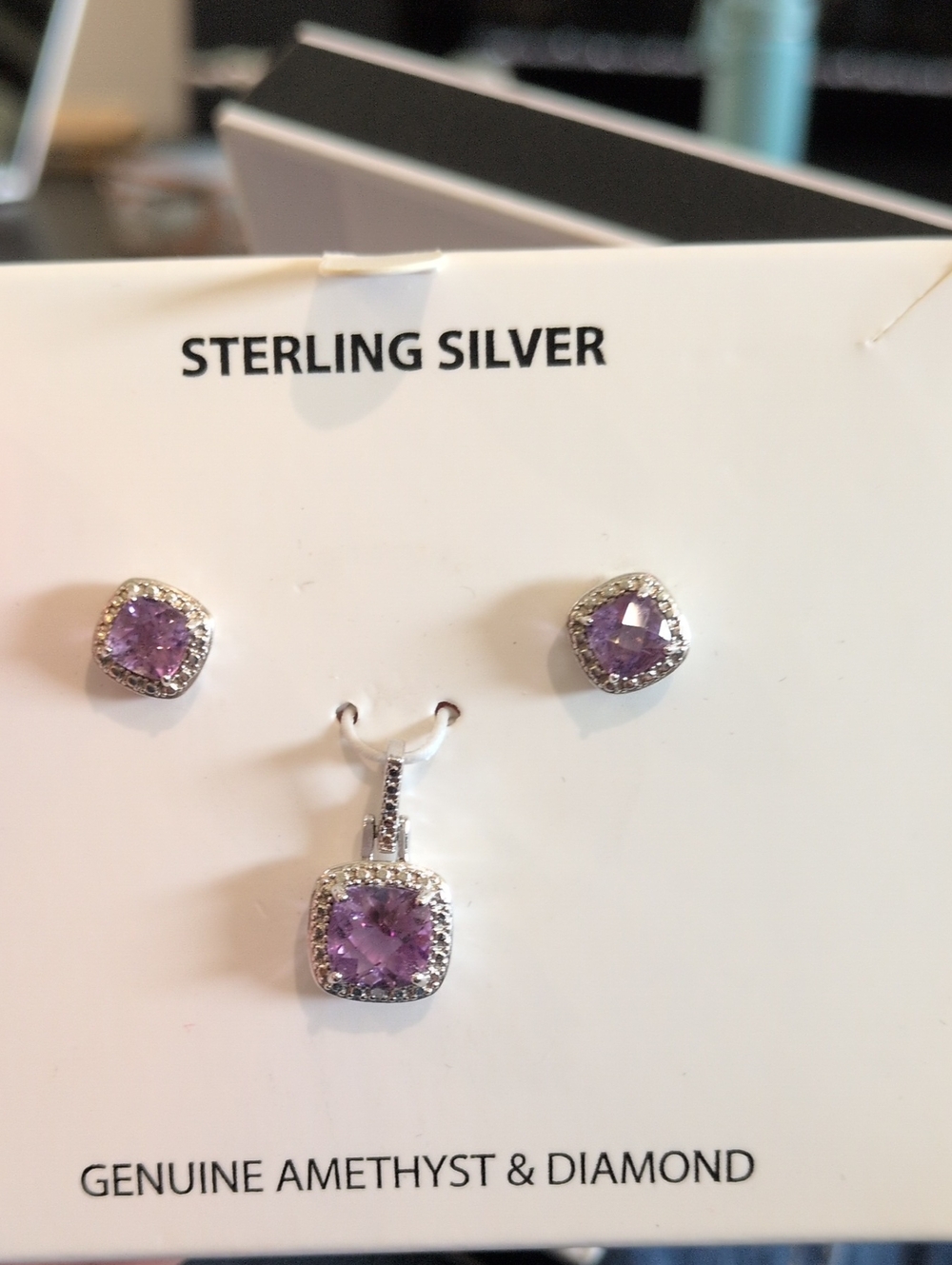 VINTAGE 1985 Amethyst & Diamond Cushion Stud 925 Earrings & Pendant